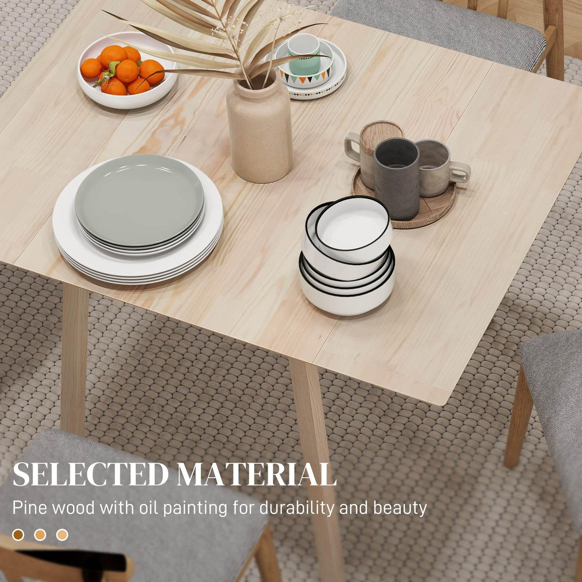 Natural pine dining table top with stacked white plates and cups