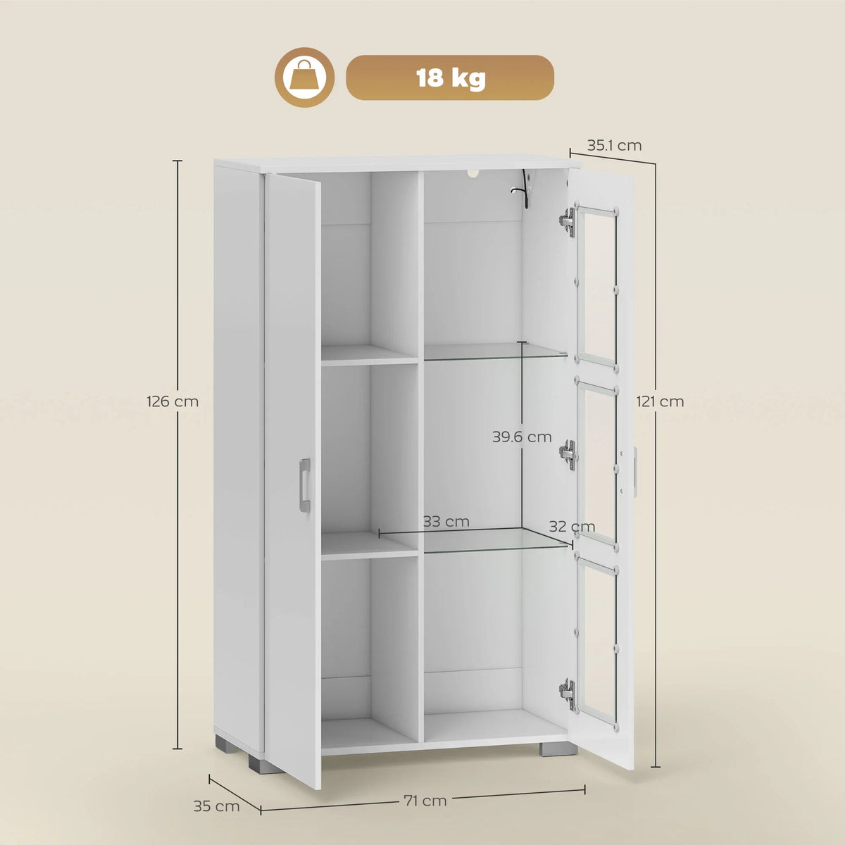 White display cabinet open view showing adjustable shelves behind two glass doors