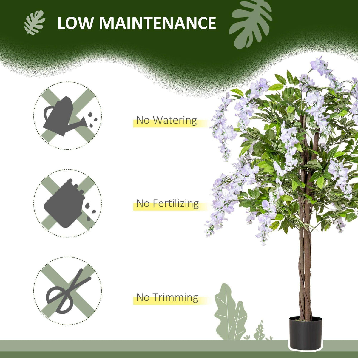 Artificial wisteria plant with lilac and white flowers, green leaves, and dark potted base
