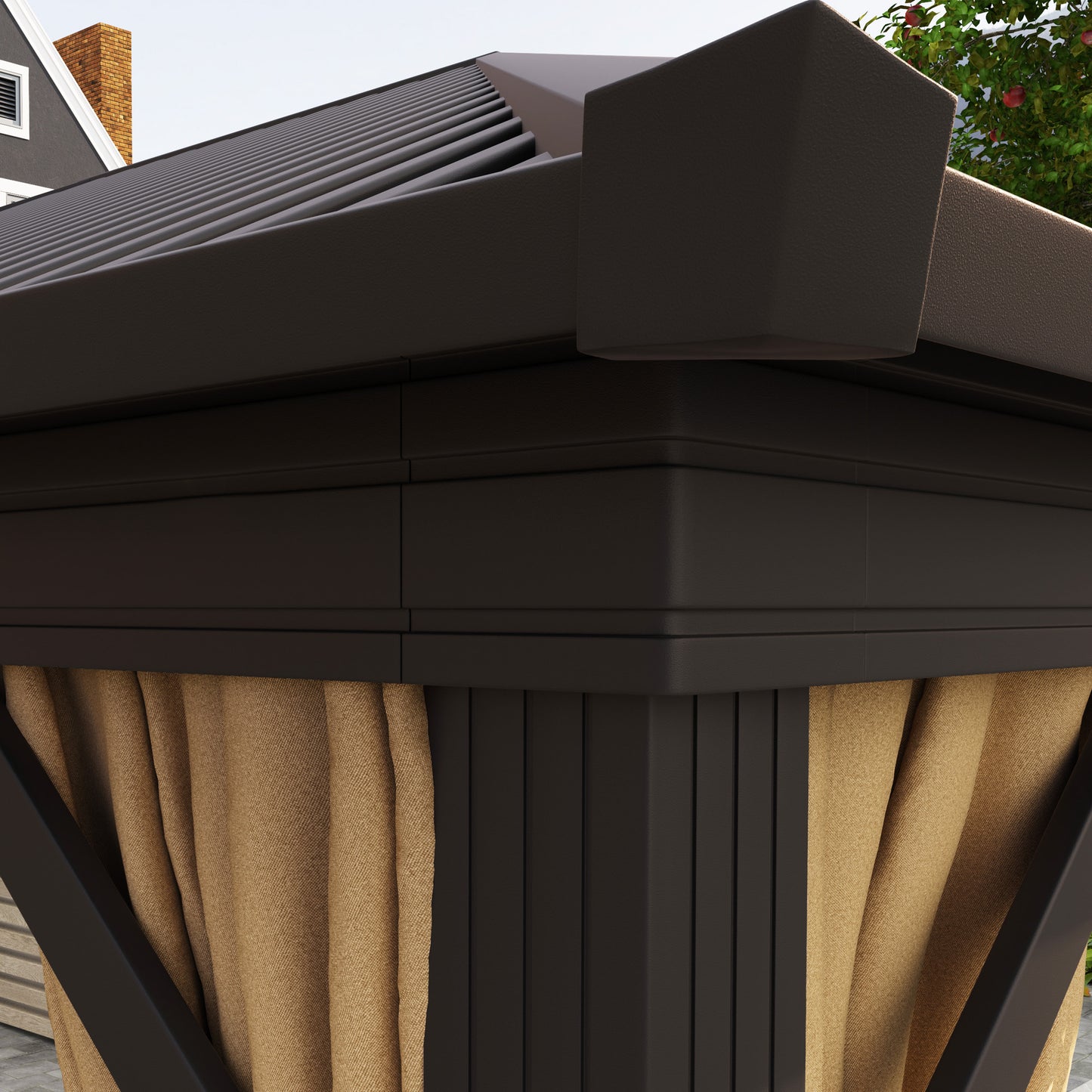 Outsunny 3.6 By 3 Metre Aluminium Hardtop Gazebo With Curtains Mesh Inset Brown With Accessories Included