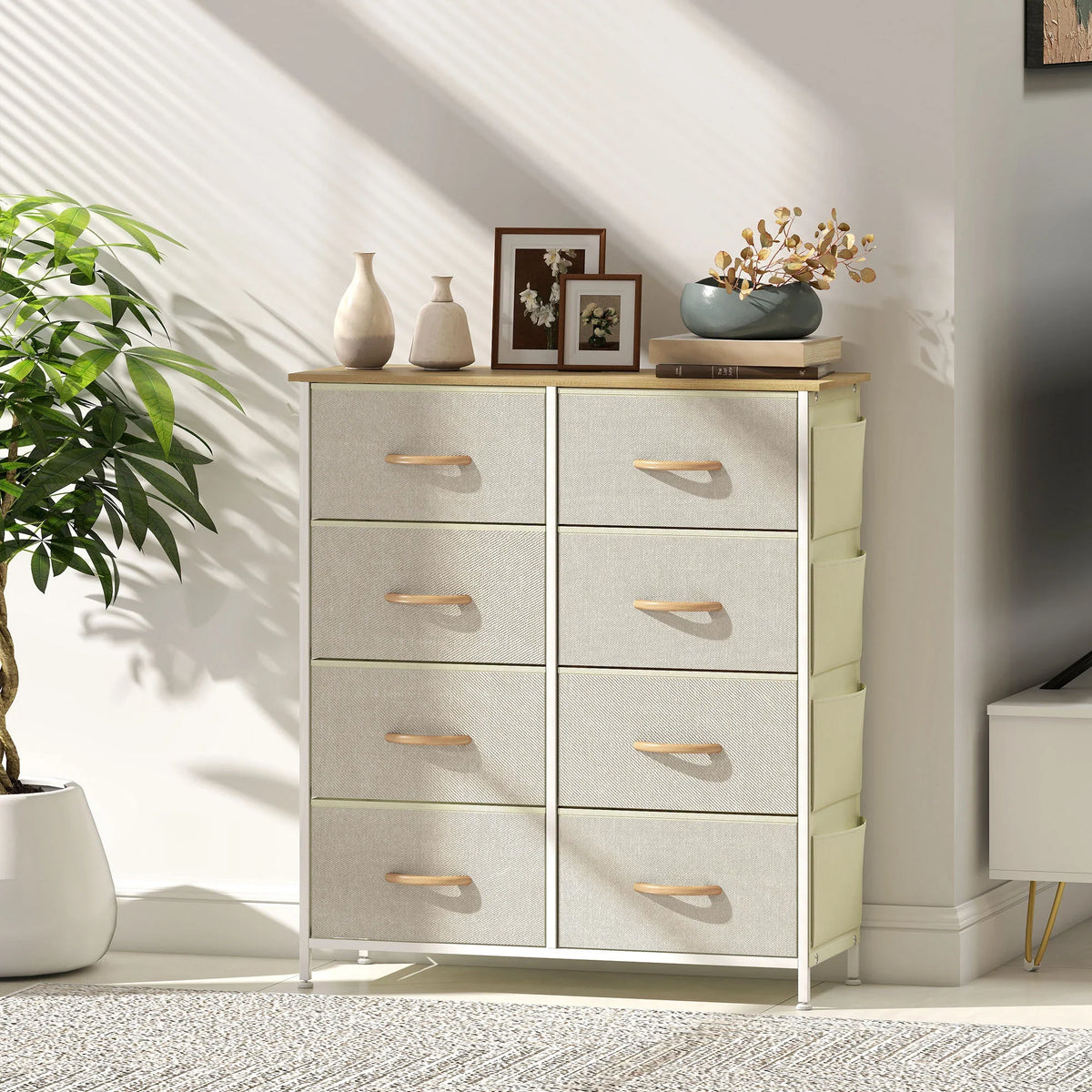 Beige fabric drawer chest with steel X legs and eight drawers with curved pulls