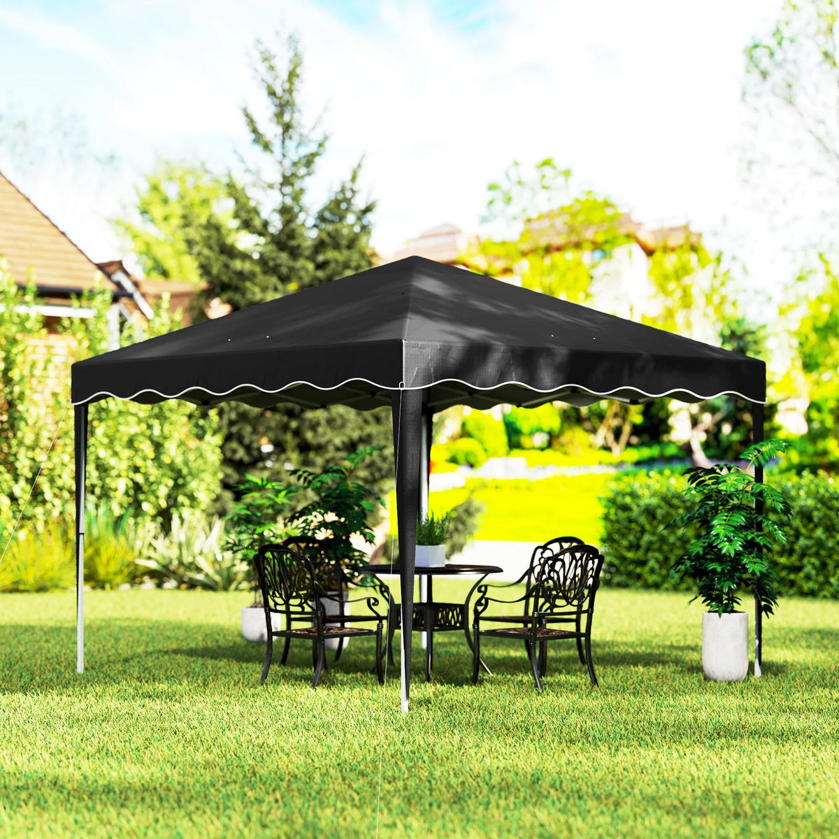 Black pop-up gazebo shelter with scalloped canopy edge and four vertical legs