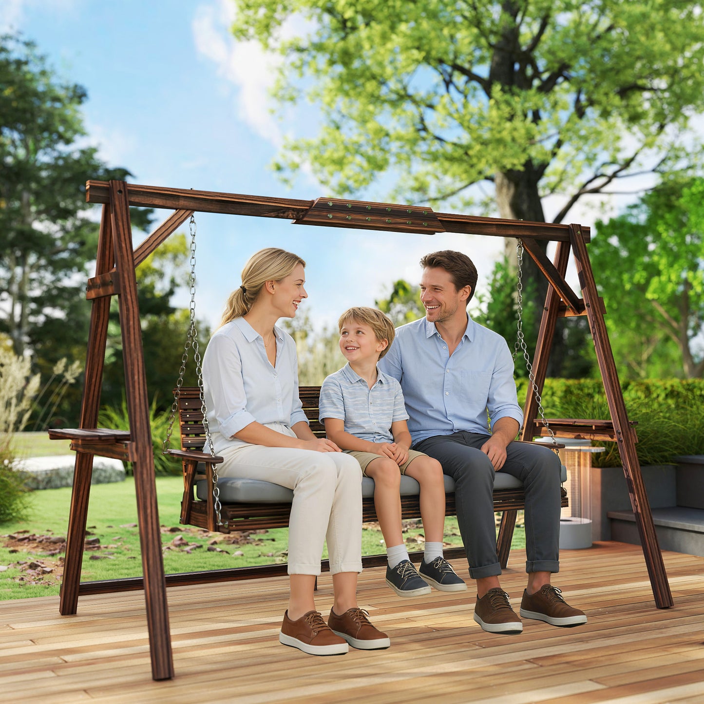 Outsunny 3 Seater Garden Swing Chair Bench With Cushion Side Trays Metal Chains Outdoor Porch Patio Carbonised Brown