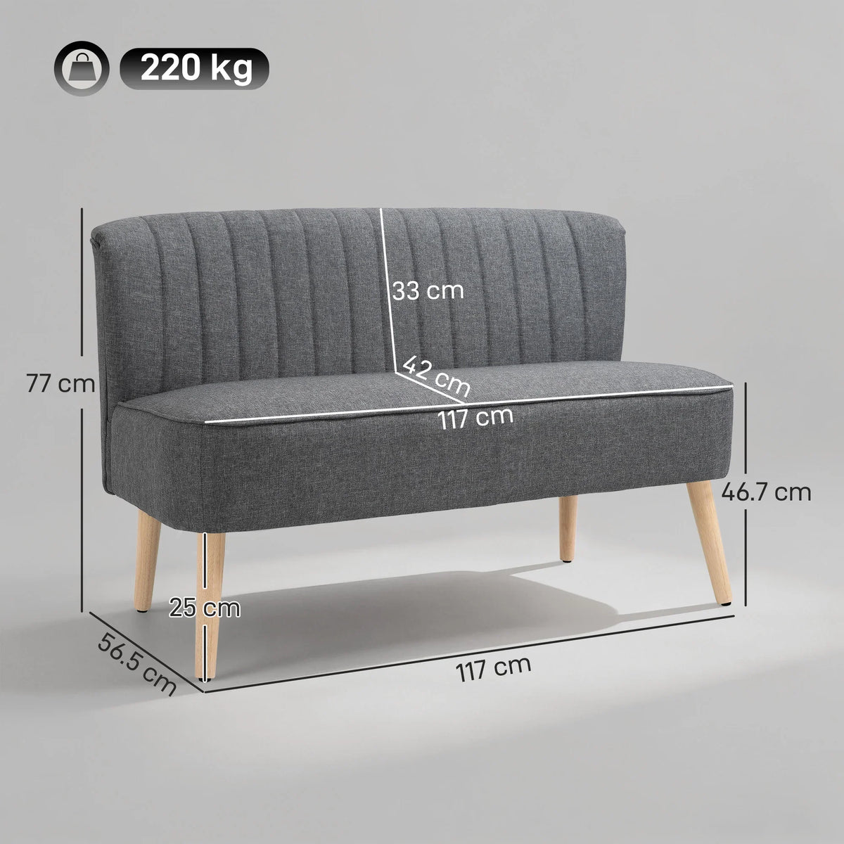 Grey 2-seater loveseat sofa with ribbed back, thick seat cushion, and light wood legs