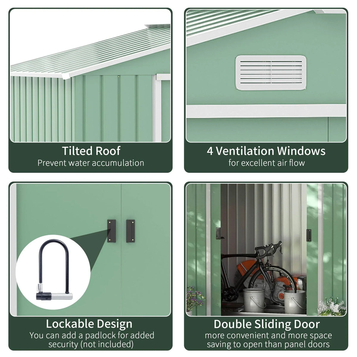 Light green metal shed with tilted roof, ventilation windows, and lockable double sliding doors