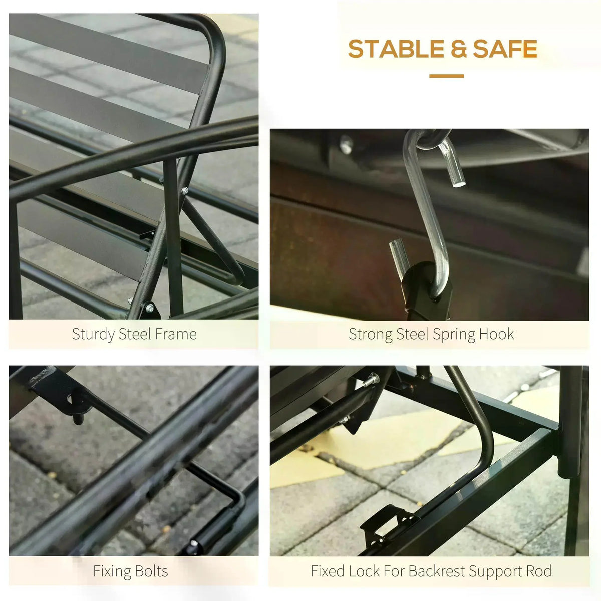 Outdoor swing bed frame close-ups: steel supports, spring hook, fixing bolts