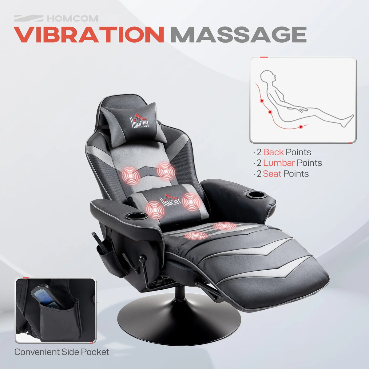 Grey massage recliner chair with padded armrests and extended footrest