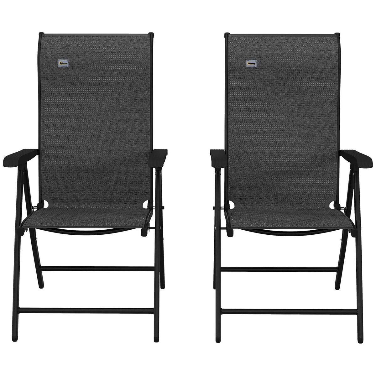Two grey folding armchairs with armrests and woven back, straight legs
