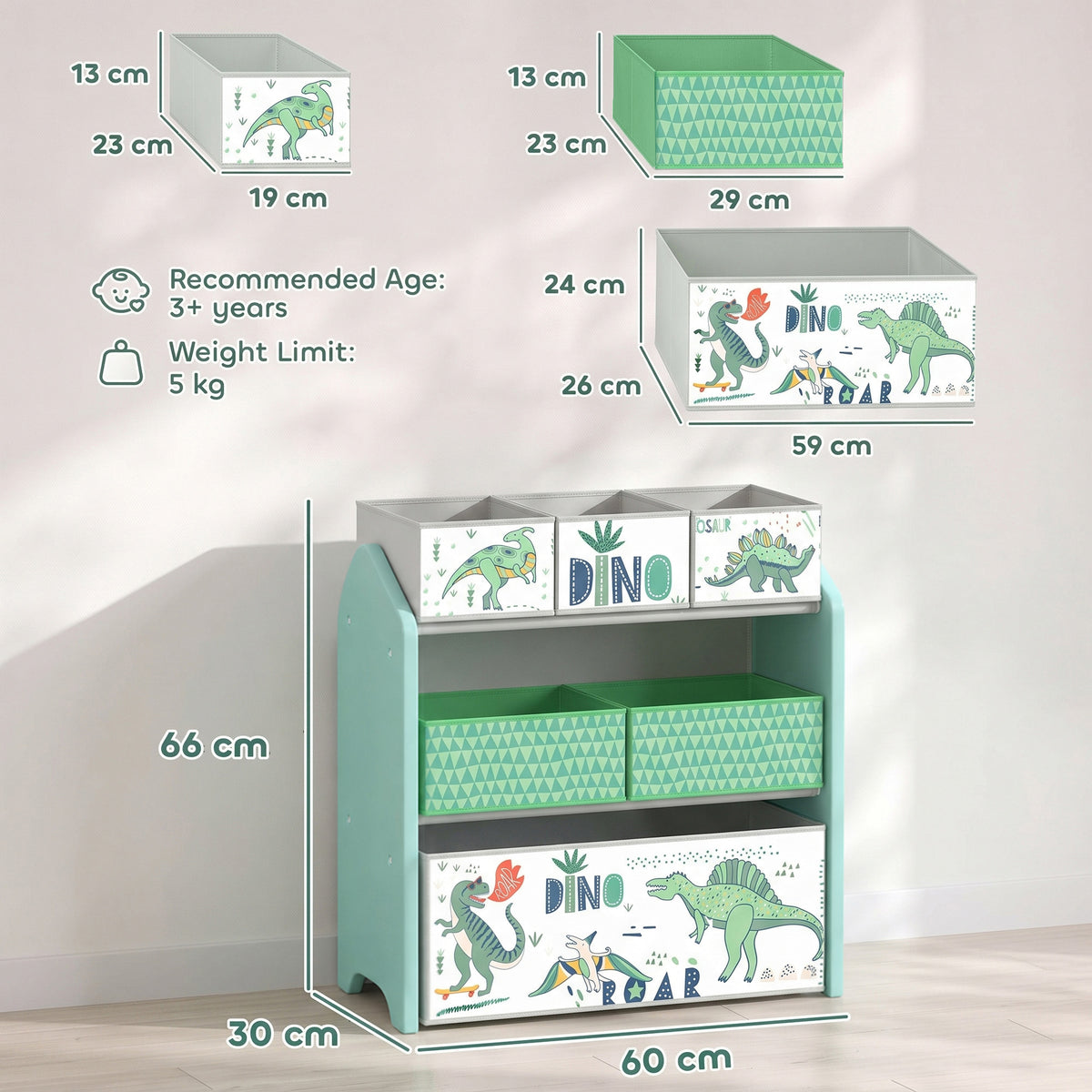 Light green kids toy storage rack with 3 tiers and fabric drawers, size diagram