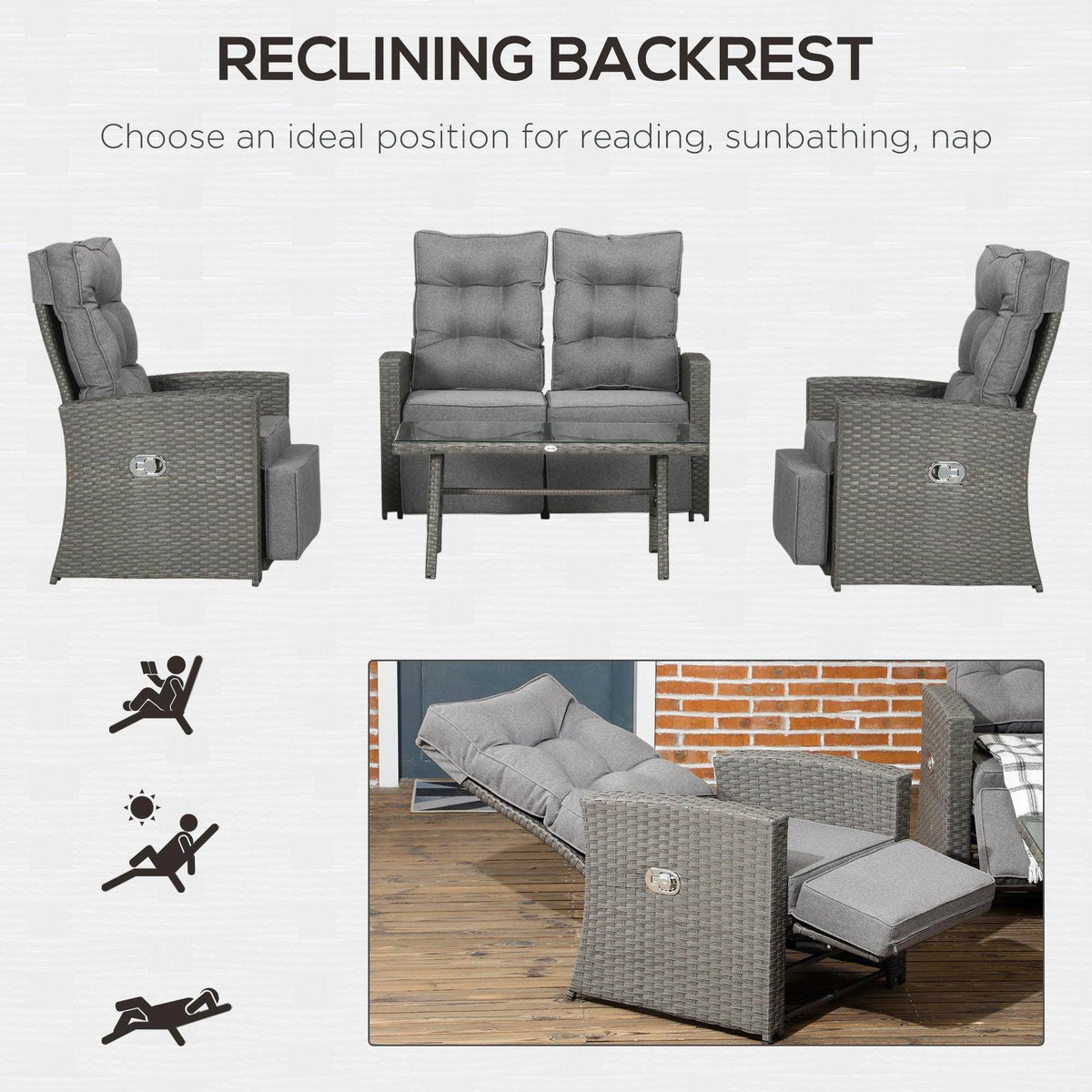 Grey rattan recliner chair and loveseat set shown with different reclining backrest angles