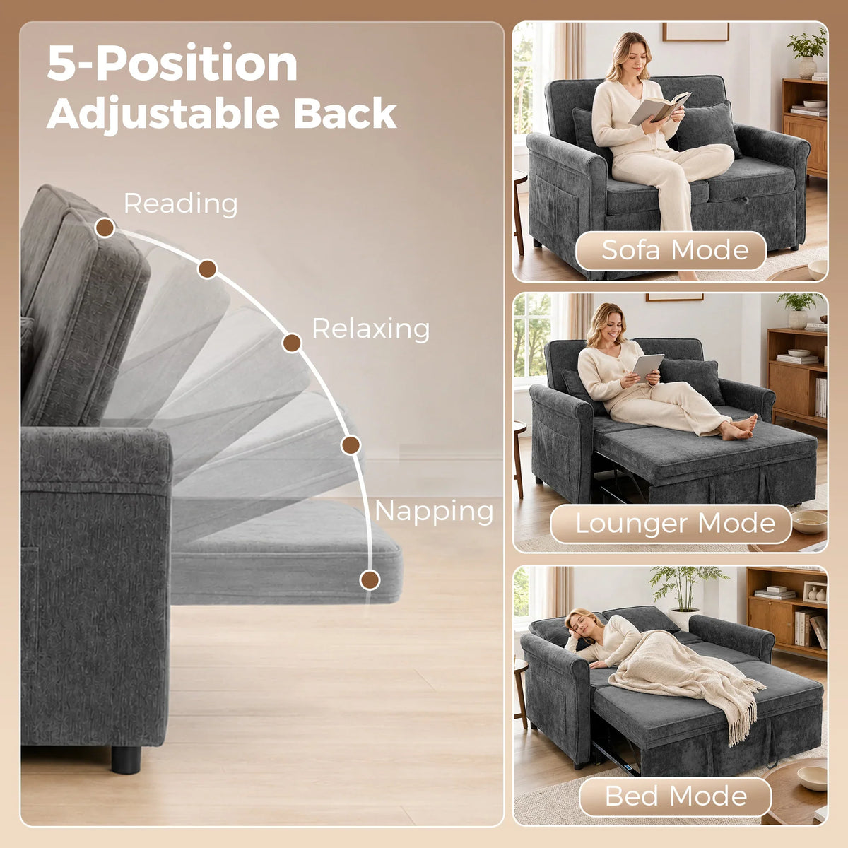 Grey sofa bed with 5-position adjustable back for reading, relaxing, and napping