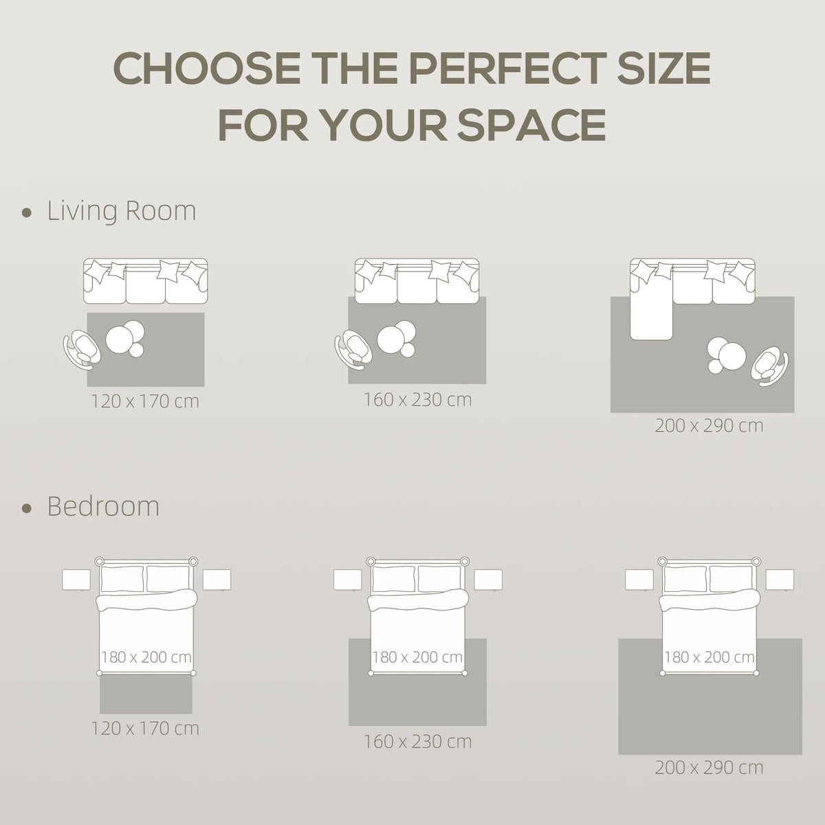 Geometric area rug size guide diagram with multiple layout dimensions