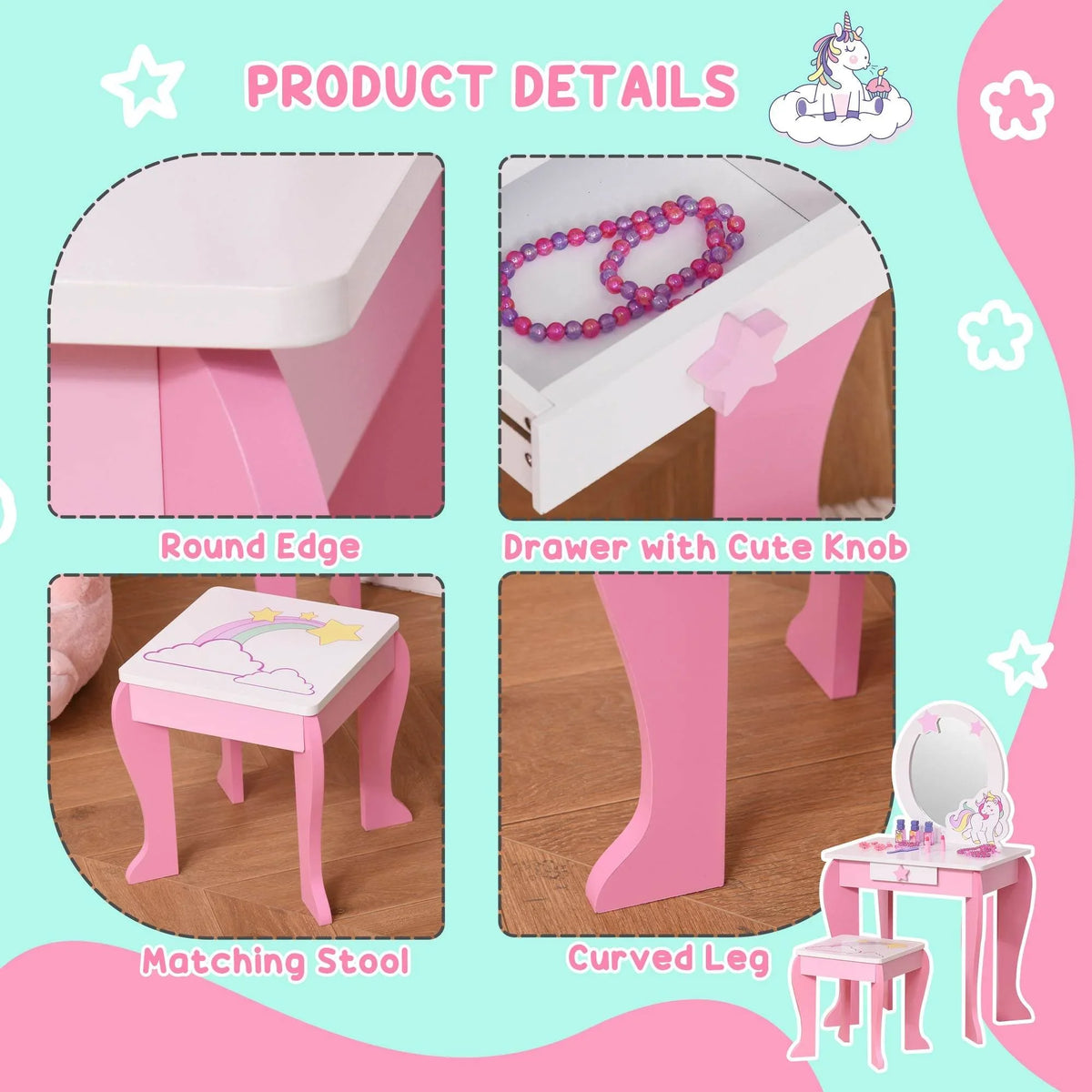 Kids vanity set close-up: pink drawer knob and matching unicorn stool