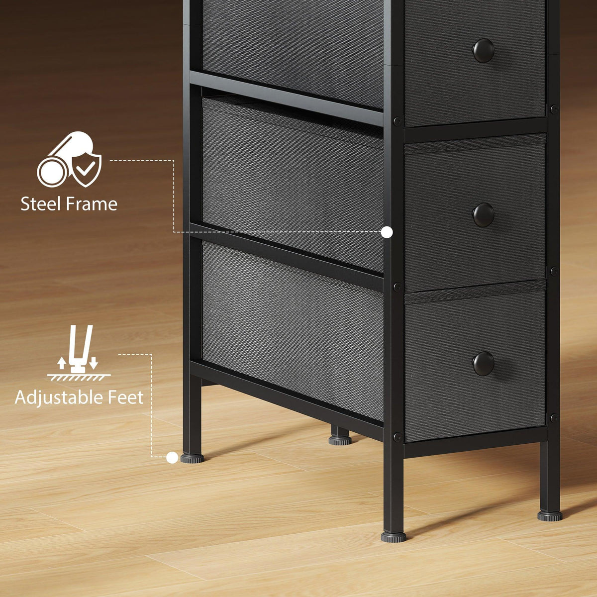 Black fabric dresser with steel frame and adjustable feet, four drawer fronts