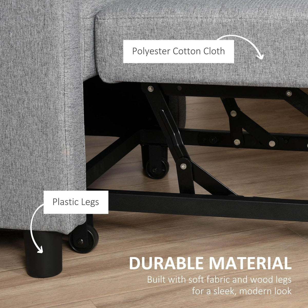 Grey fabric sofa bed with black folding frame and rolling caster legs