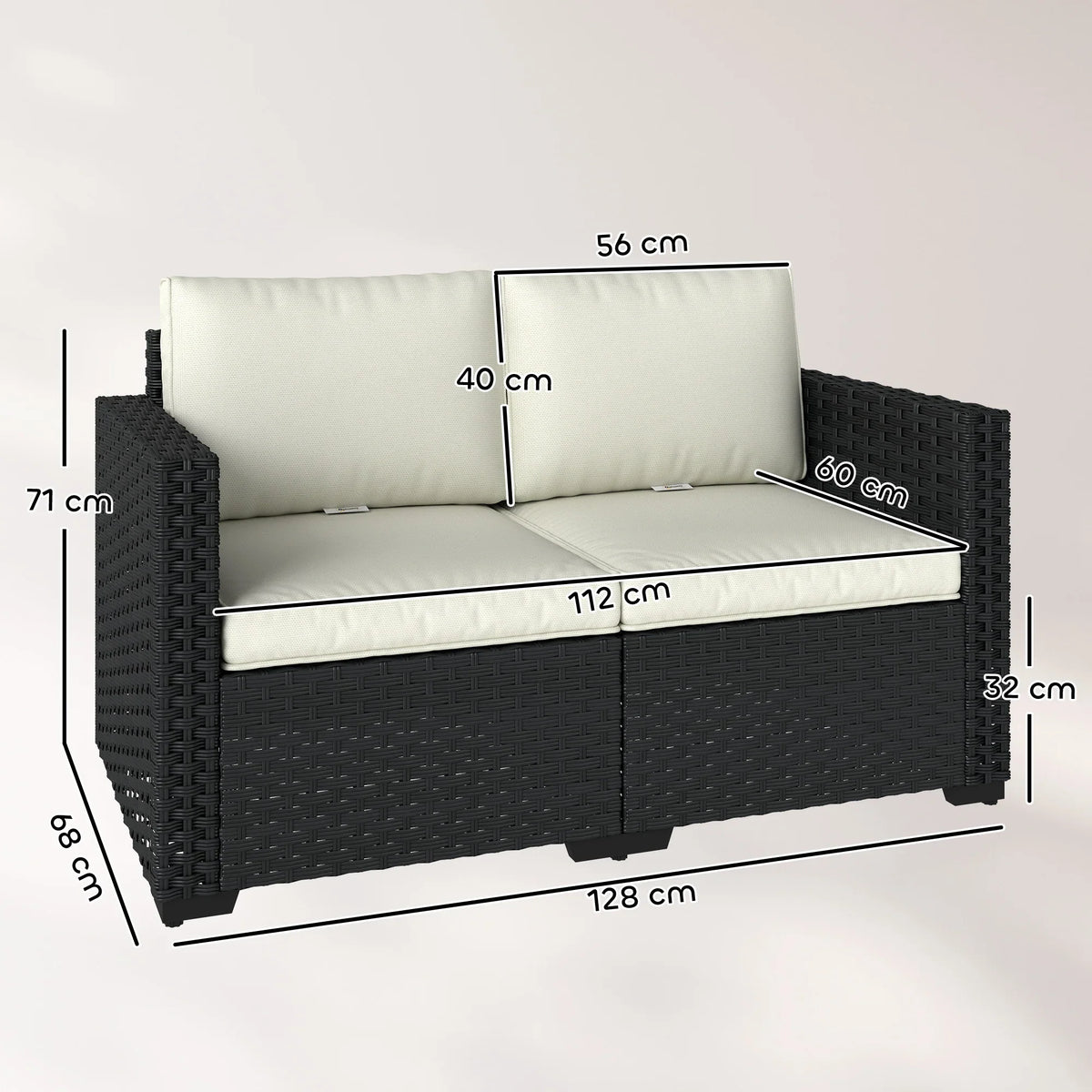 Black woven rattan 2-seater sofa with white seat and back cushions, side view