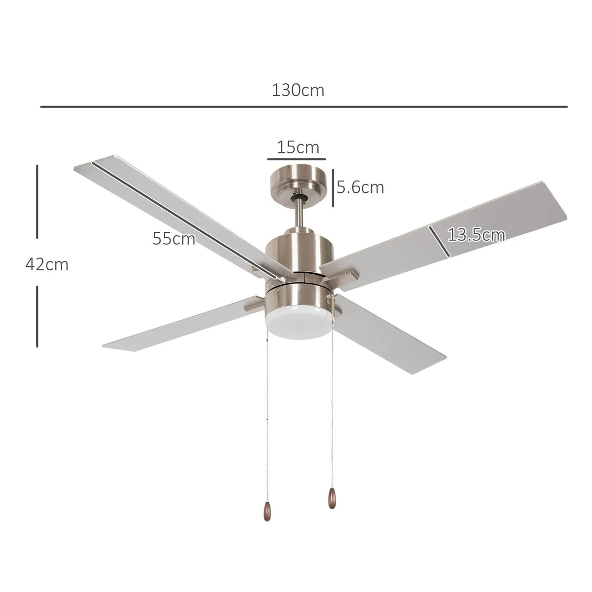 Ceiling fan with LED light and four angled blades, size diagram with dimensions