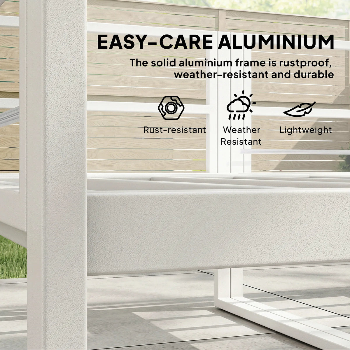 White aluminum garden furniture frame corner with smooth arm structure and dark base feet