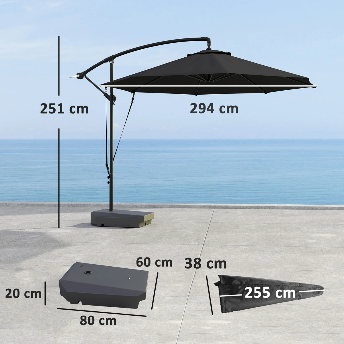 Grey cantilever patio umbrella with black frame and square base with size markers