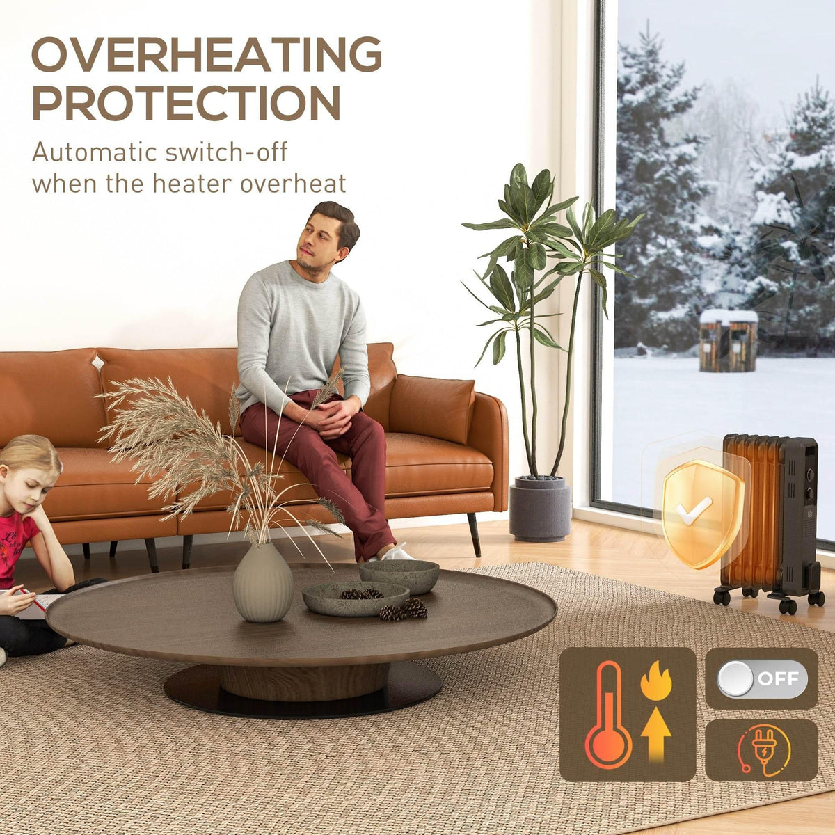 Oil-filled space heater with orange fins and safety features, standing on rolling casters