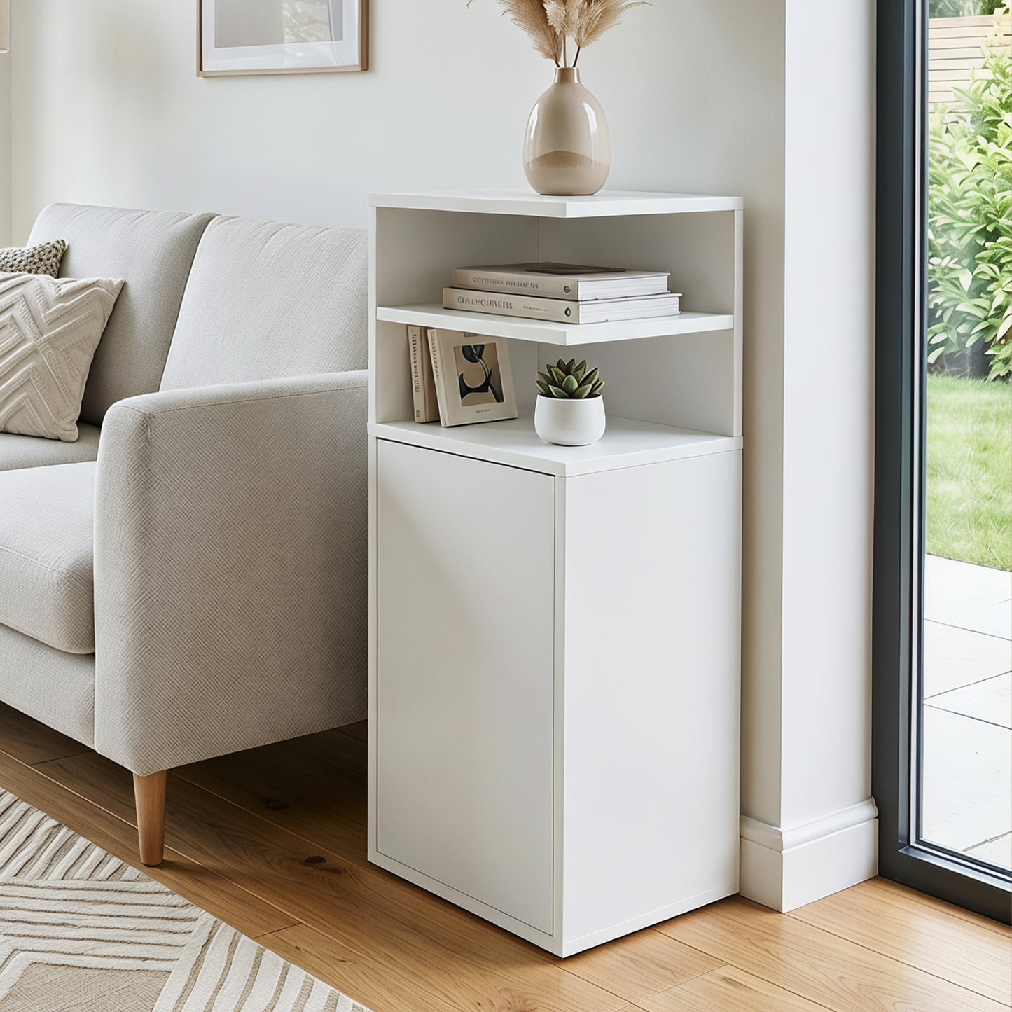 HOMCOM Slim Bedside Table Set Of 2 Narrow Nightstands With Open Cubbies And Cupboard In White For Bedroom