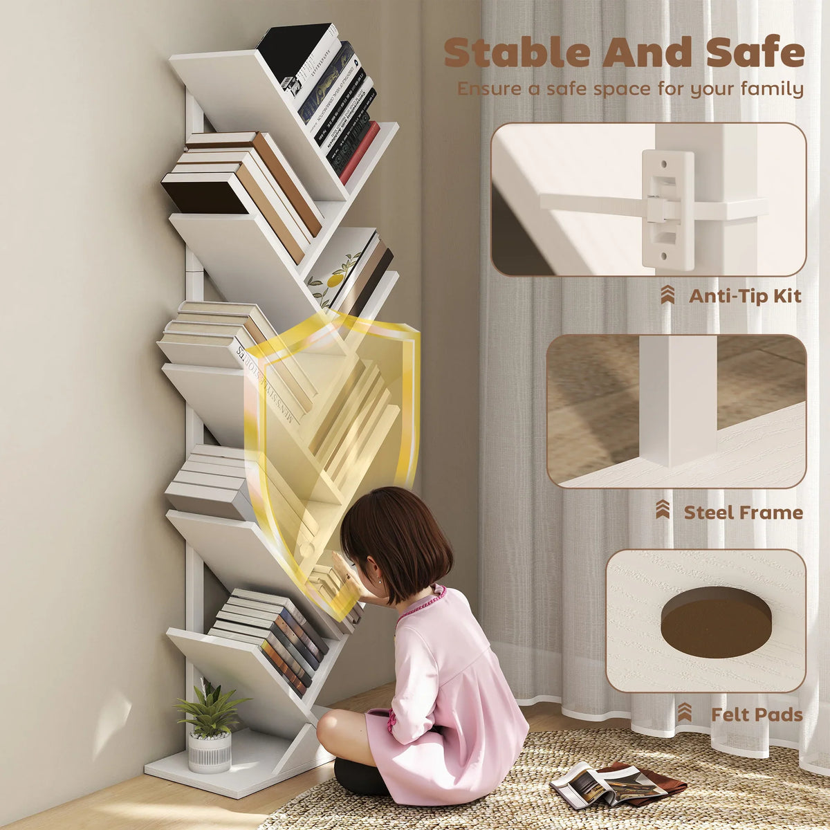 White 9-tier tree bookshelf with open shelves and steel frame for media storage