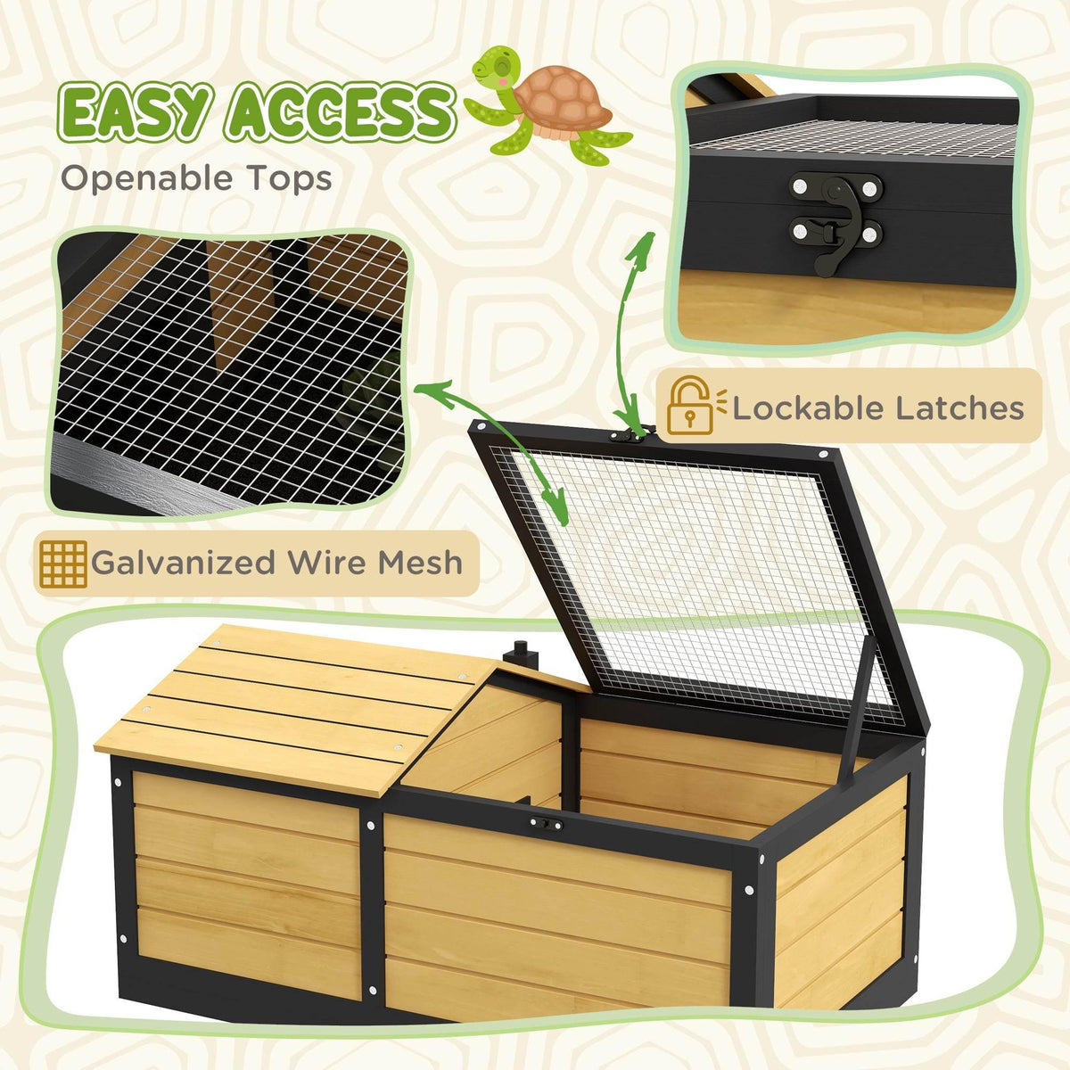 Reptile habitat with opnenable top, galvanized wire mesh lid, and lockable latches