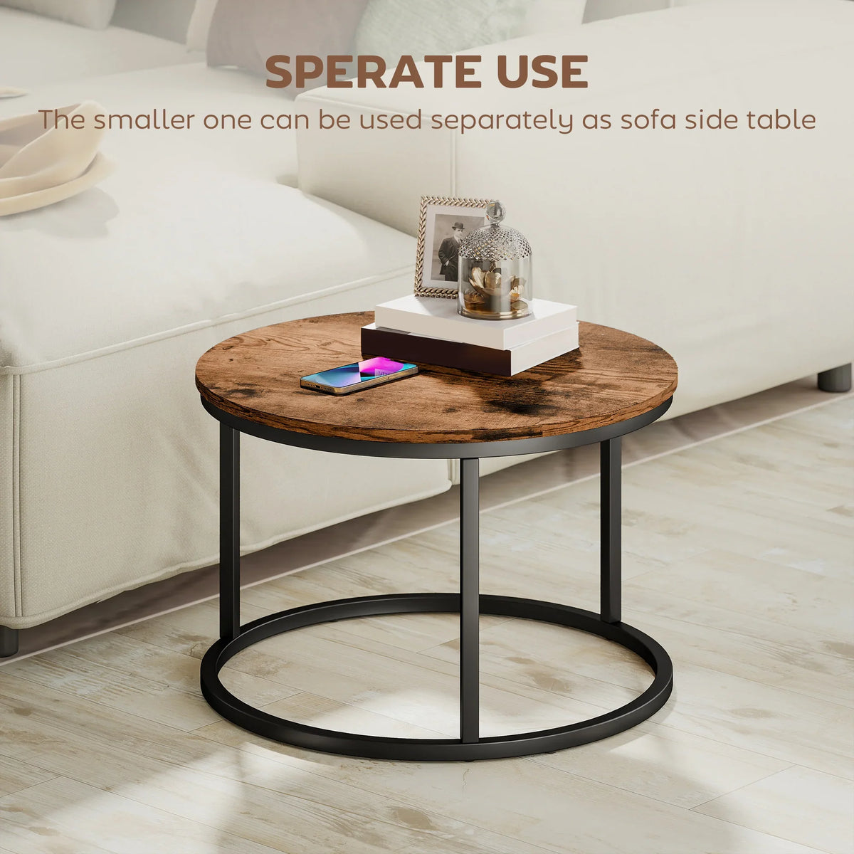 Round nesting side table with rustic brown tabletop and black metal circular base