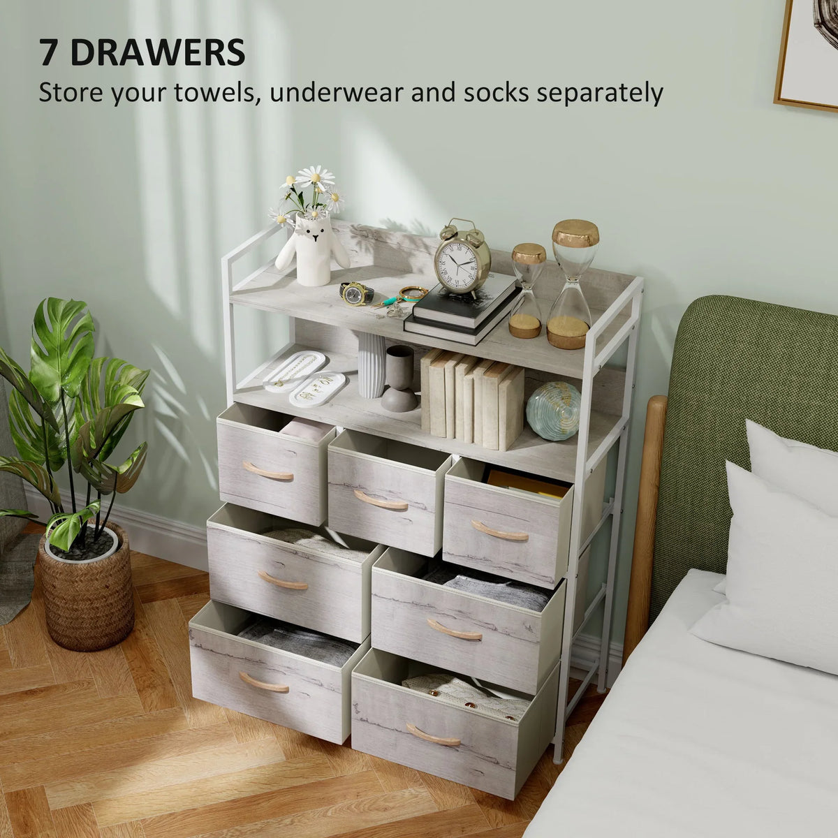 Rustic chest with seven fabric drawers and open top shelves, white frame, light wood accents.