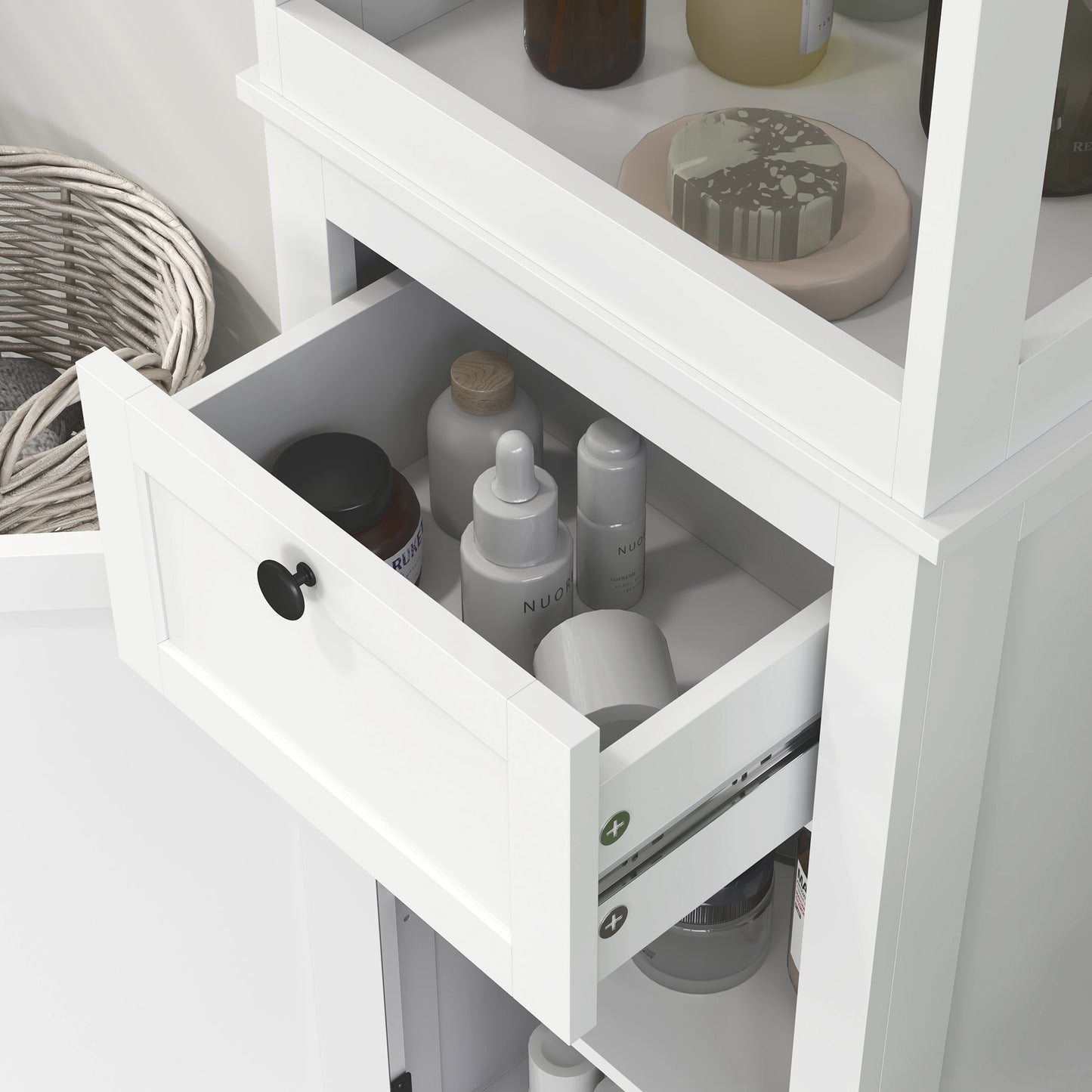 HOMCOM Tall Slim Bathroom Cabinet With Two Open Shelves Soft Close Door And Drawer Adjustable Shelf White