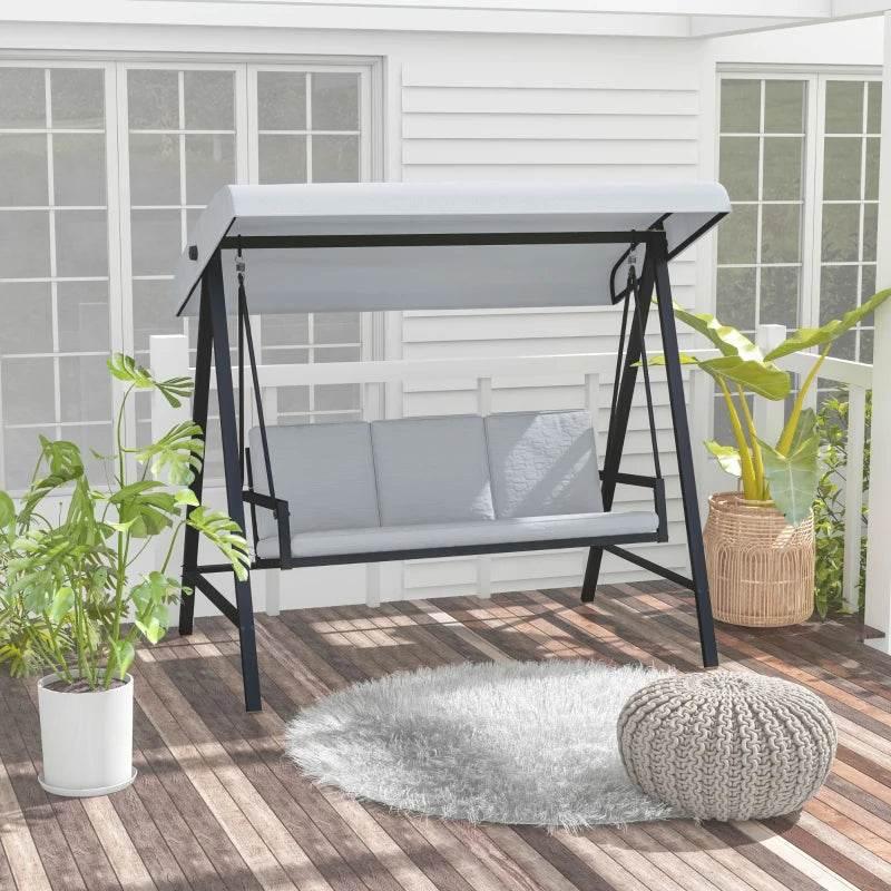 Grey three-seat garden swing chair with adjustable canopy and padded seat cushions