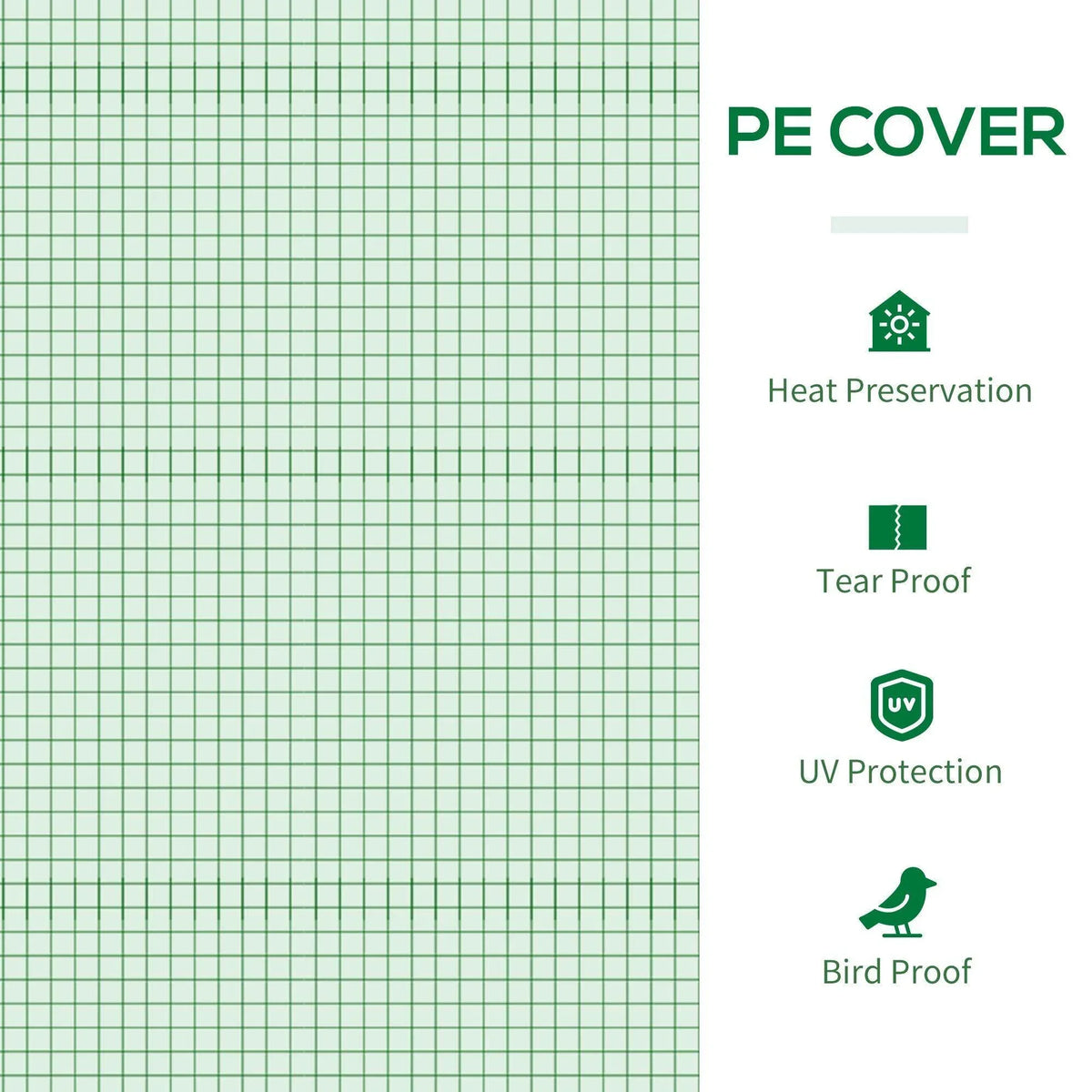 Green PE cover material grid panel for polytunnel, with UV and tear-resistance icons