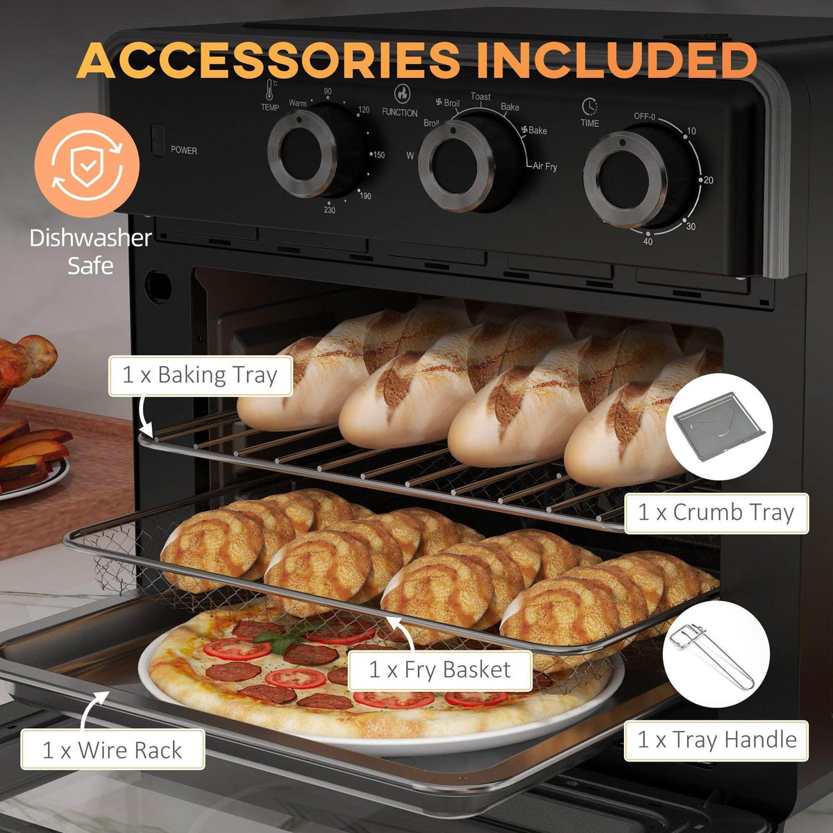 Black air fryer oven with included baking tray, fry basket, wire rack, and crumb tray