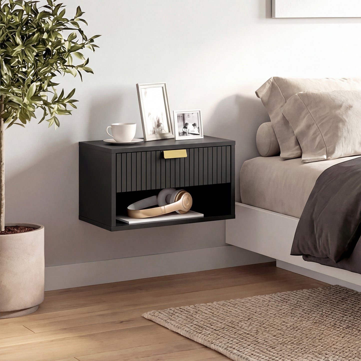 HOMCOM Set Of 2 Wall Mounted Nightstands Floating Bedside Tables With Fluted Drawers Open Shelf For Small Bedroom Black