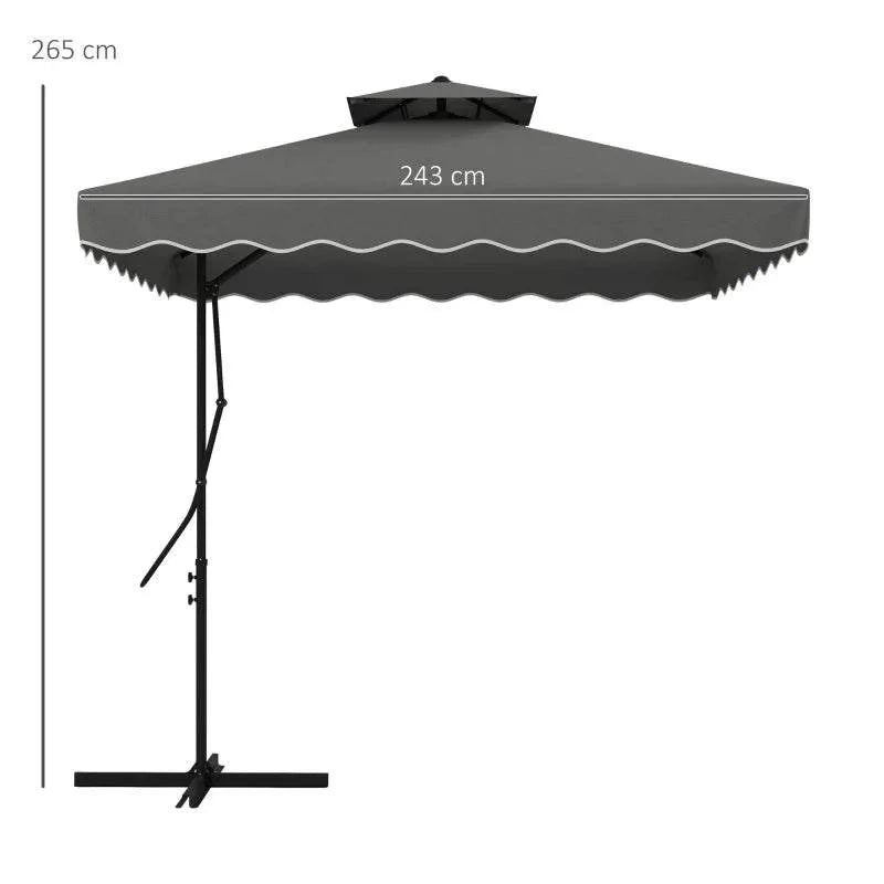 Square dark grey double-top cantilever parasol on center pole with ruffled canopy trim