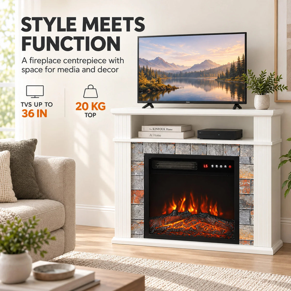 White electric fireplace TV stand with LED flame insert and TV-ready top surface.