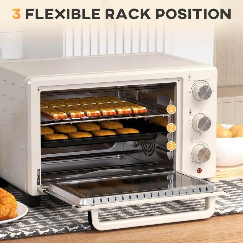 Cream mini electric oven with adjustable rack positions and baking tray on bottom rail