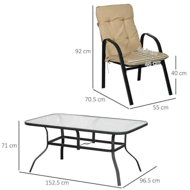 Outdoor dining table and armchairs set with size diagram; black frames, beige cushions