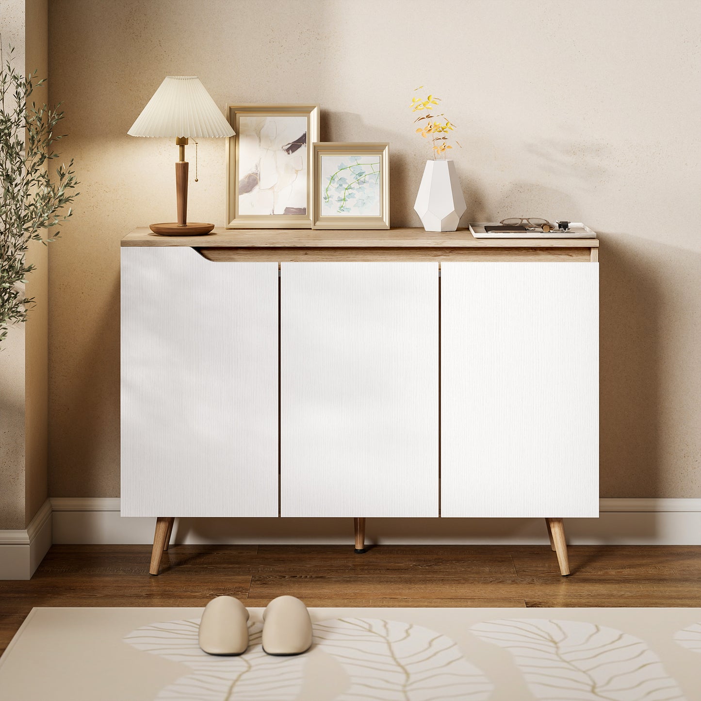 HOMCOM Sideboard Storage Cabinet Kitchen Cupboard With Three Doors And Two Adjustable Shelves White And Oak Finish