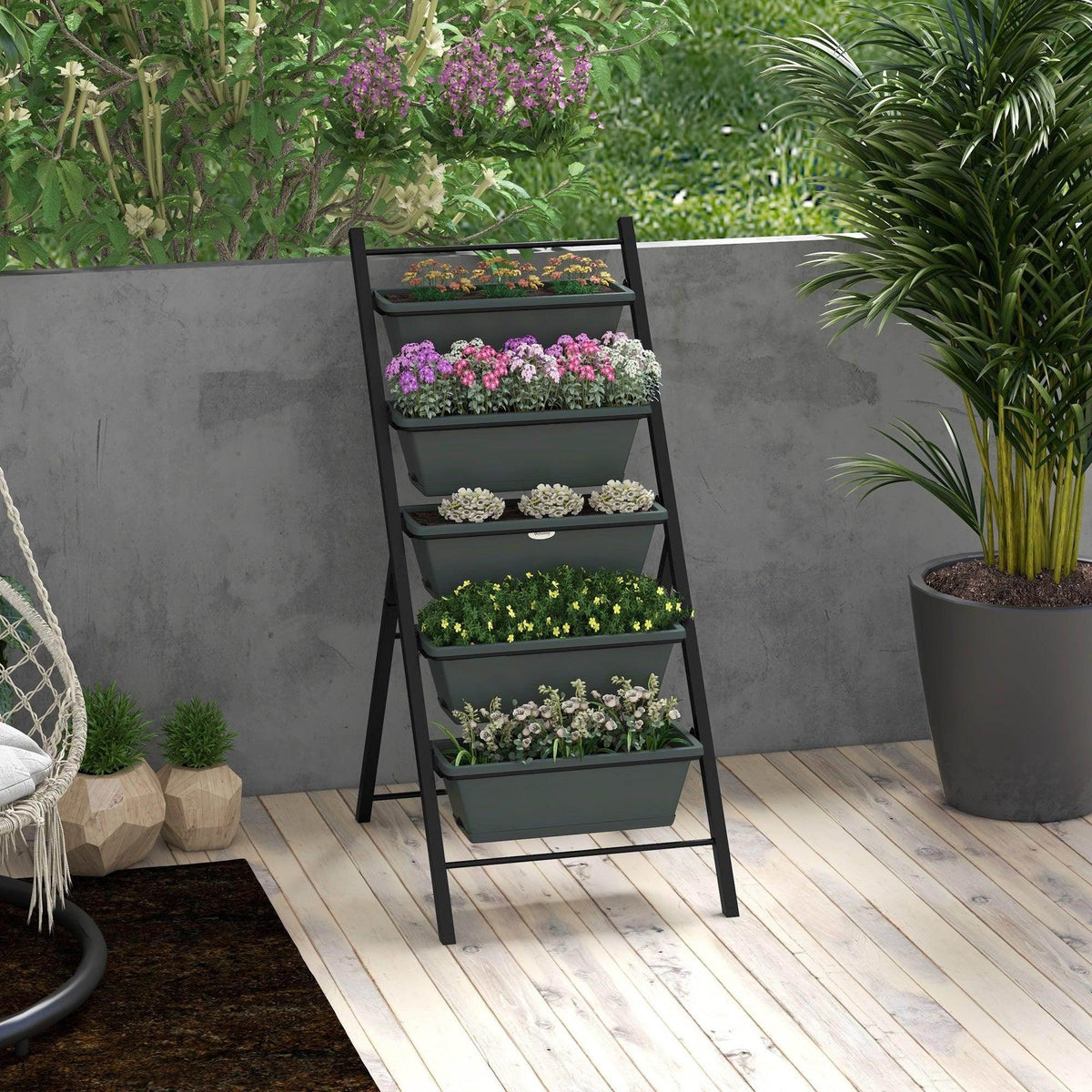Grey 5-tier vertical raised garden planter stand with five planter boxes