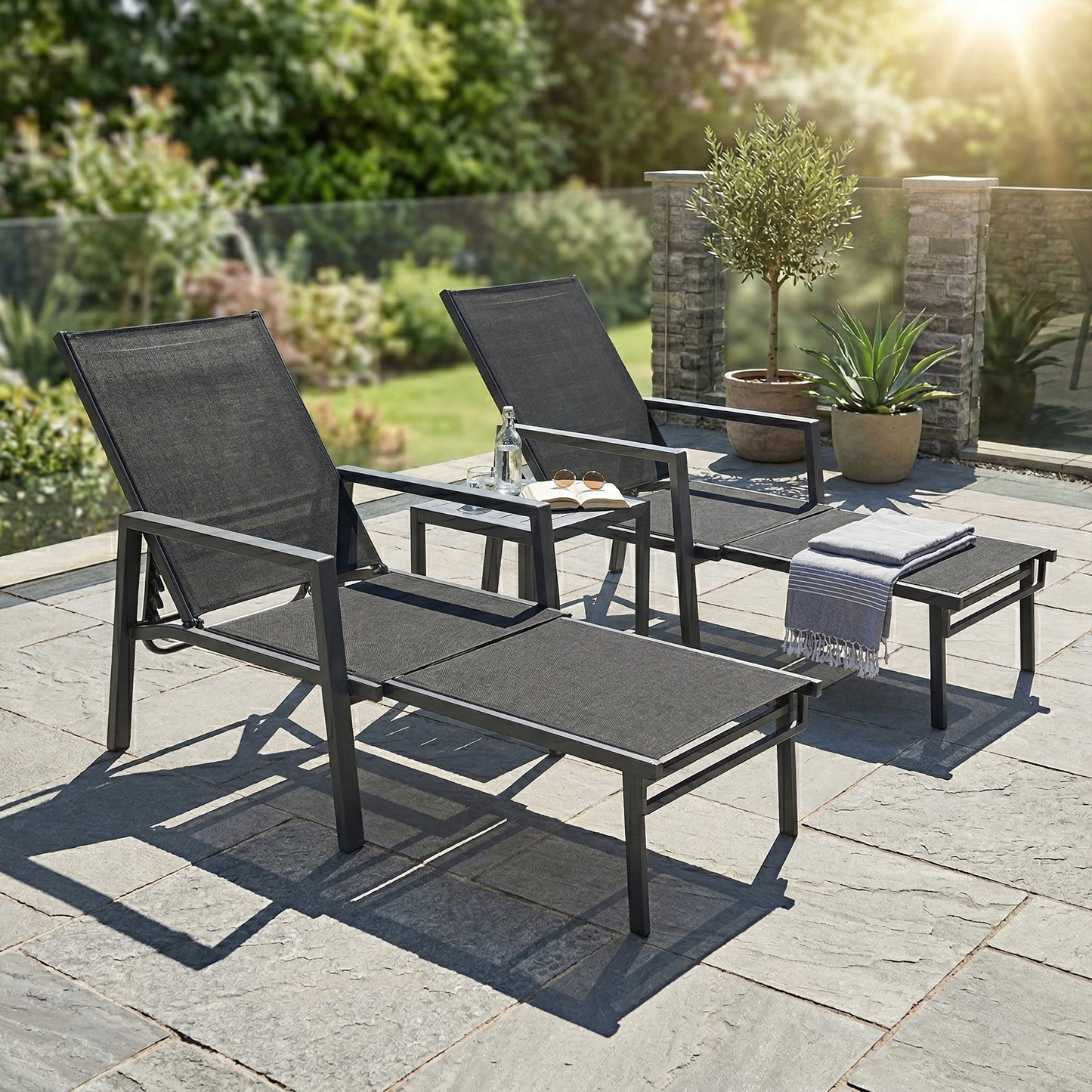 Outsunny Sun Loungers Set Of Two With Retractable Footrest And 5 Position Adjustable Steel Frame For Outdoor Use Black