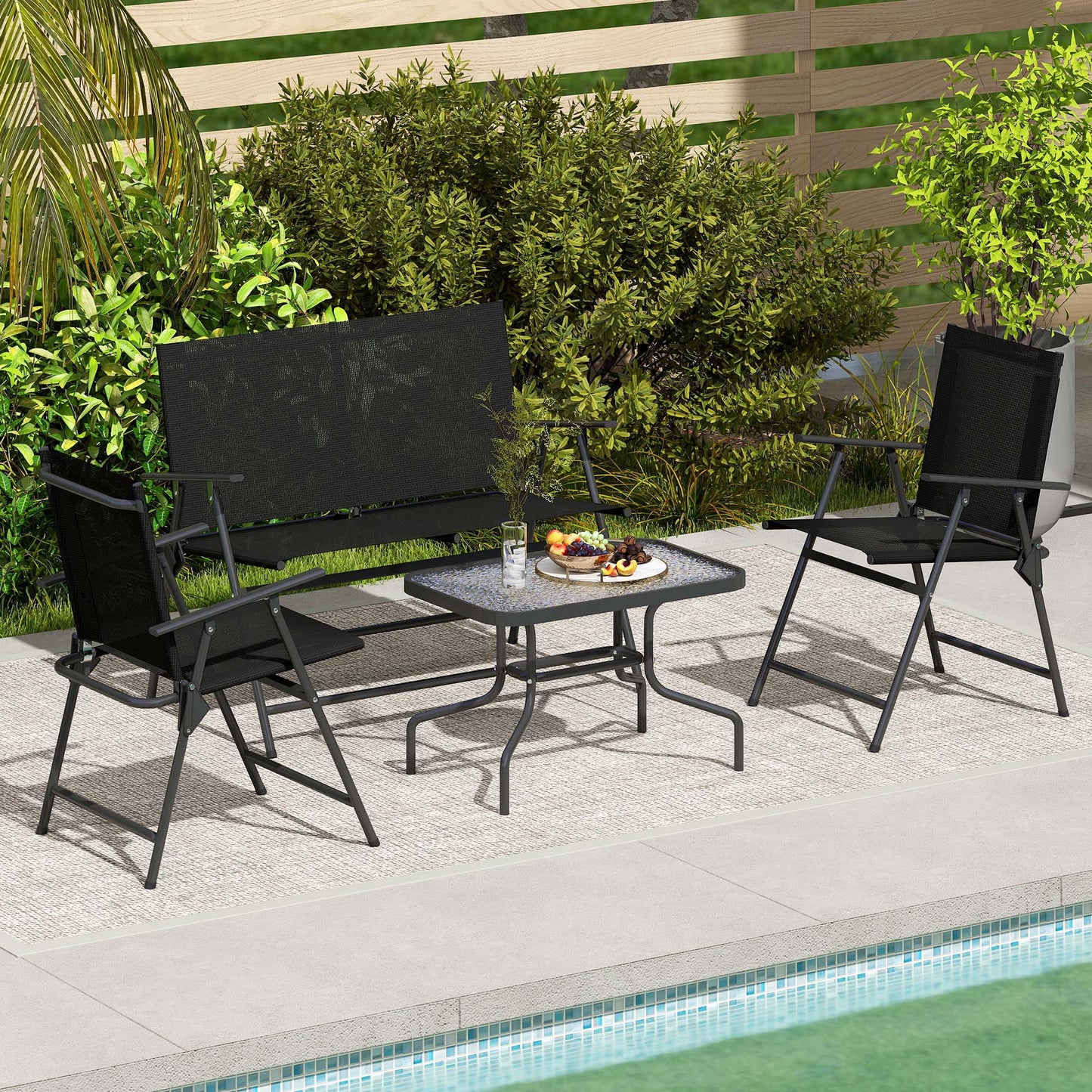 Outsunny Four Piece Outdoor Metal Garden Sofa Set With Tempered Glass Coffee Table Black