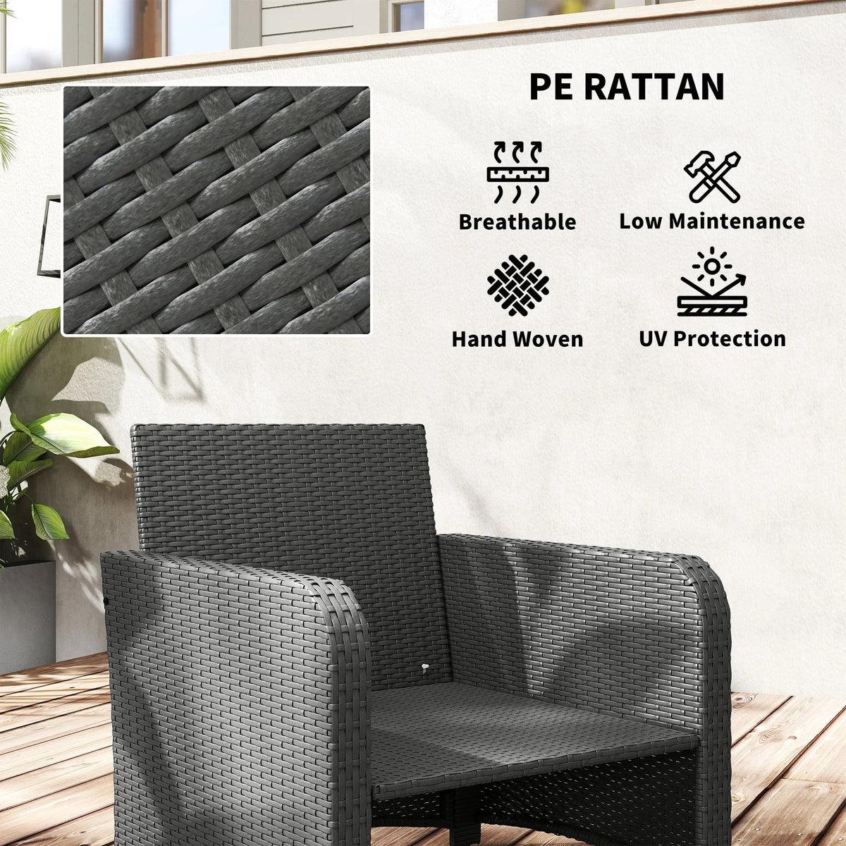 Dark PE rattan armchair with woven backrest and seat cushion