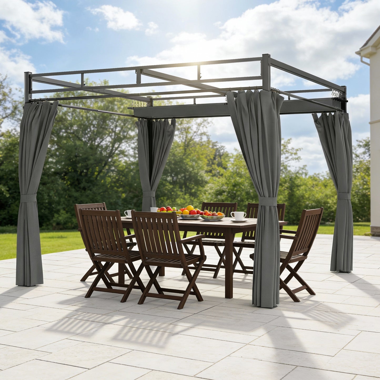Outsunny 3x3 m Pergola With Retractable Roof Canopy And Curtains UPF30+ Metal Frame Garden Gazebo Sun Shade Dark Grey