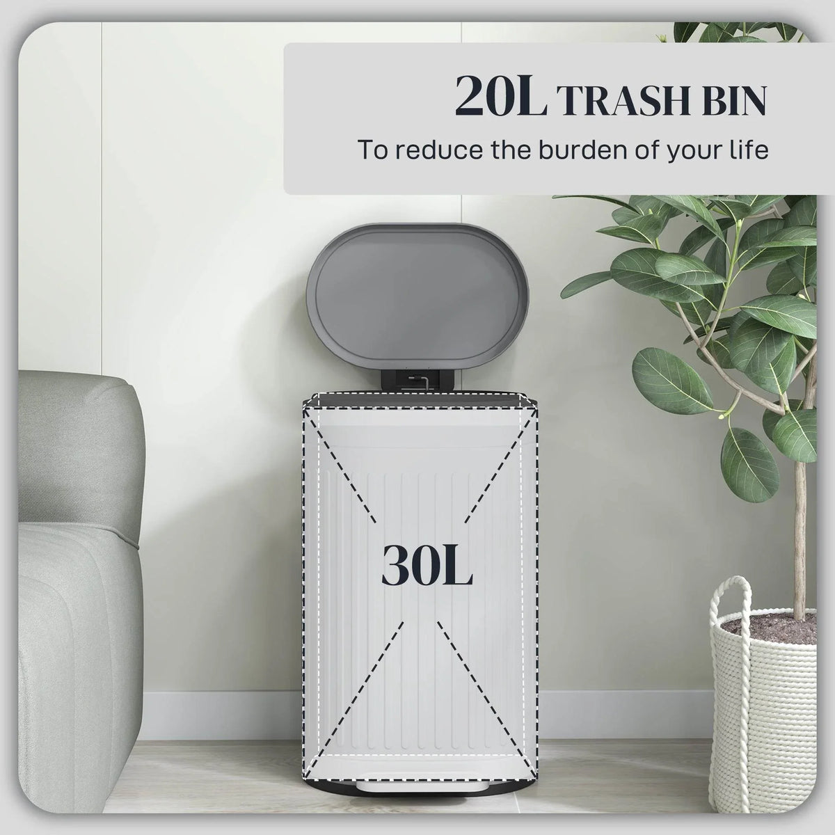 Grey pedal trash bin with open top and ribbed sides, standing on floor