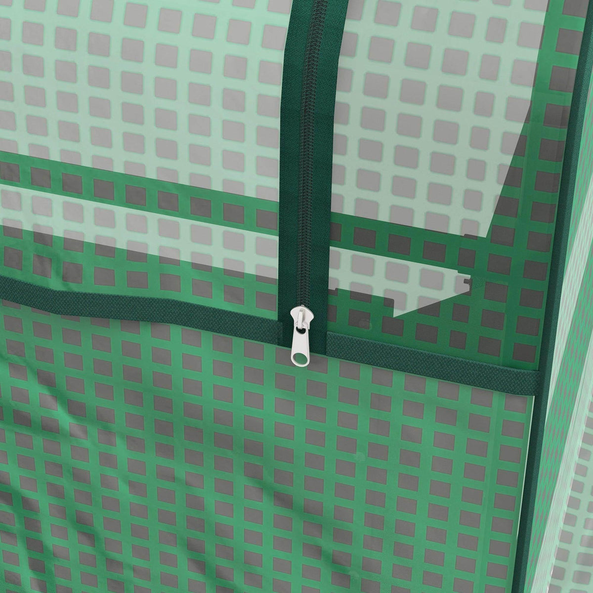 Green greenhouse cover side panel with zipper and hanging pull tab