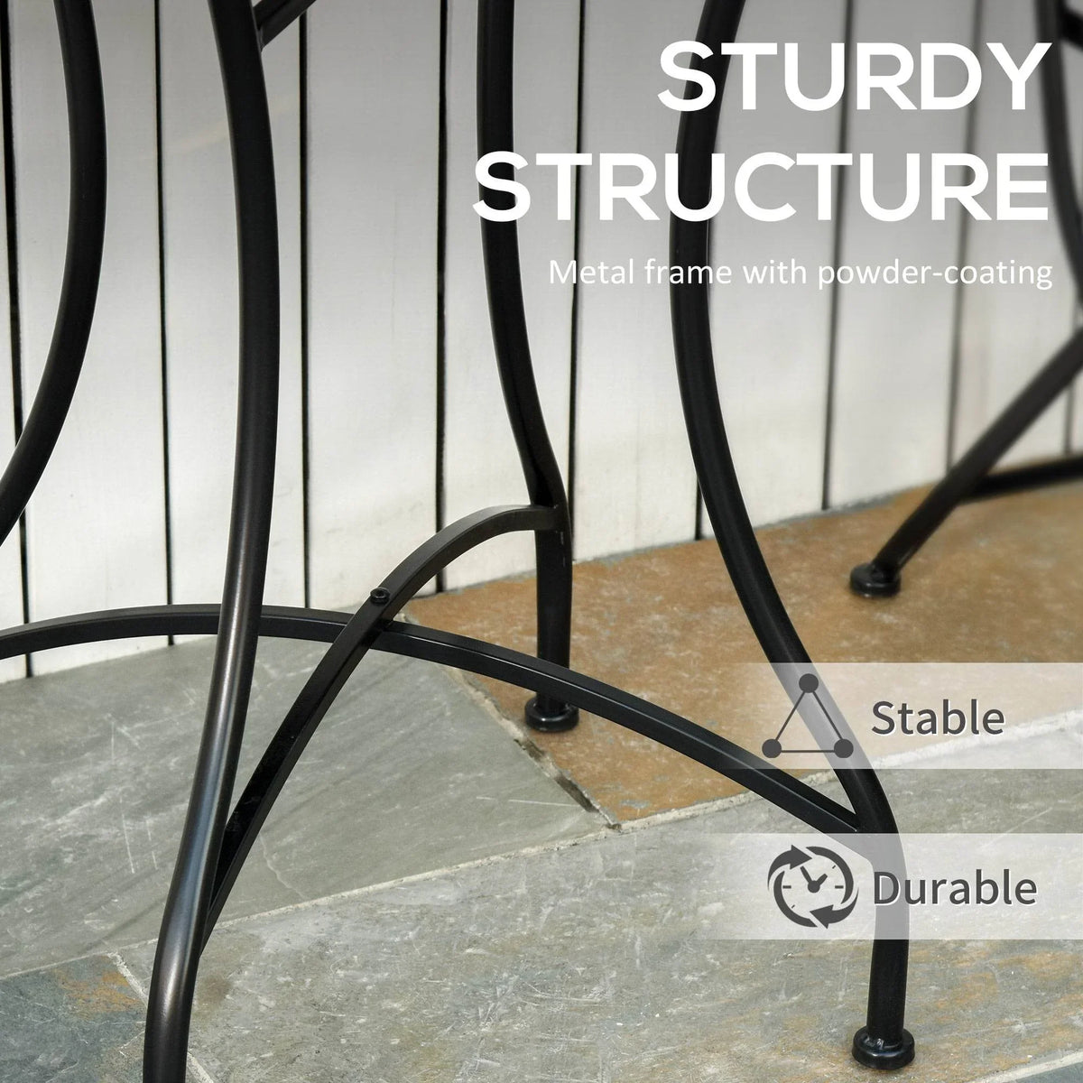 Black powder-coated metal bistro table frame with arched legs and stable base