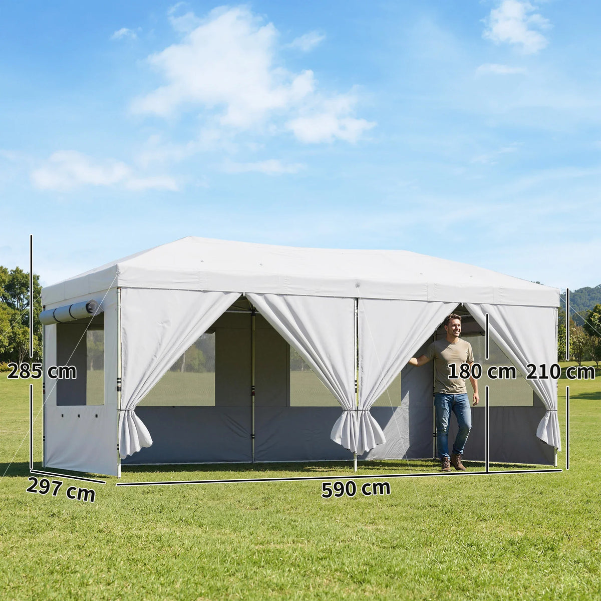 White pop-up canopy gazebo with open side curtains and six attached side panels