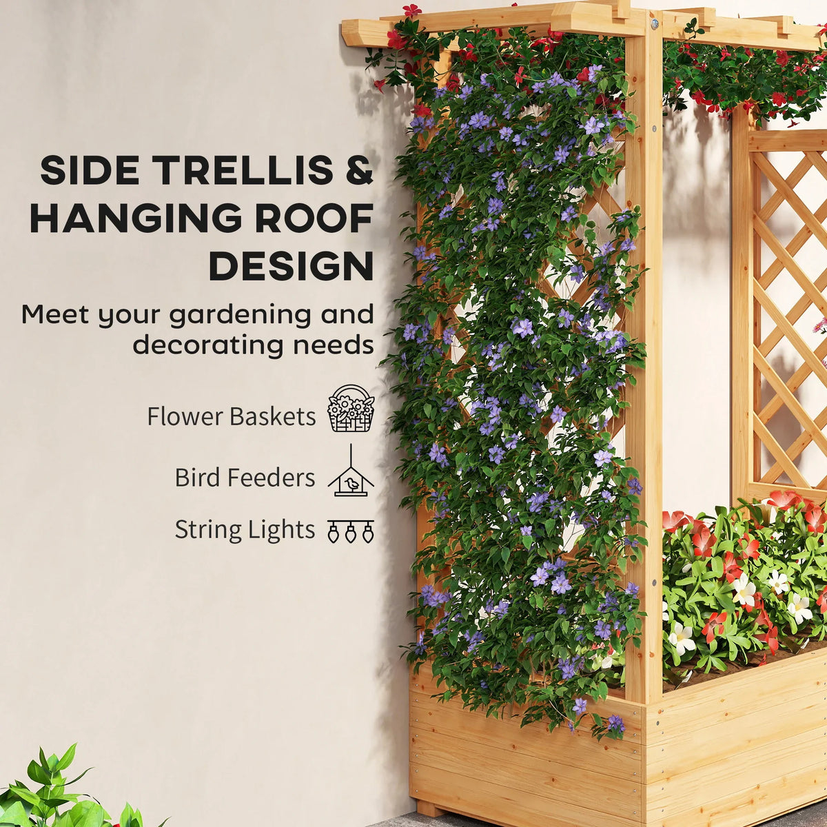 Wooden raised garden planter with side trellis panels and climbing plant stems