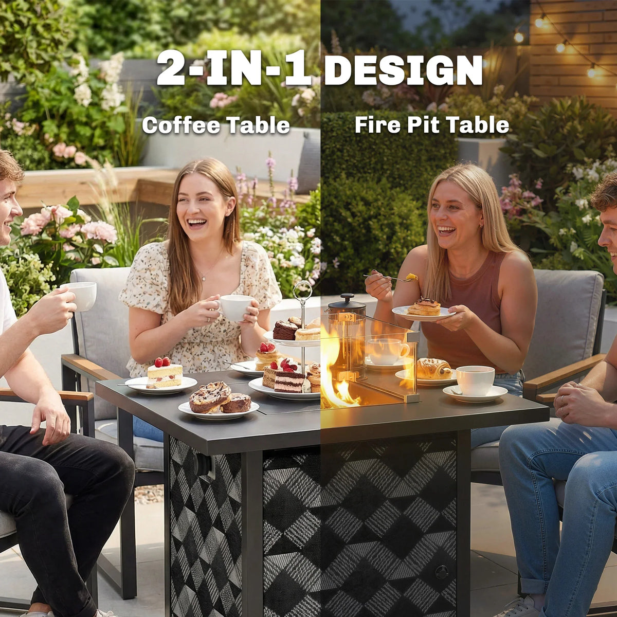 Square 2-in-1 fire pit table with glass wind guard and geometric-pattern tabletop panels